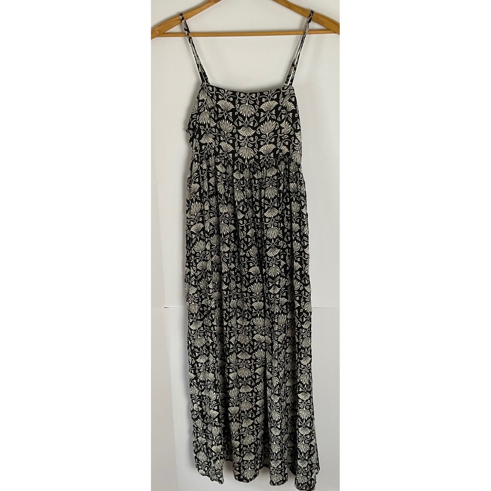 Natural Life Black White Floral Maxi Dress Pockets Smocked Back Medium